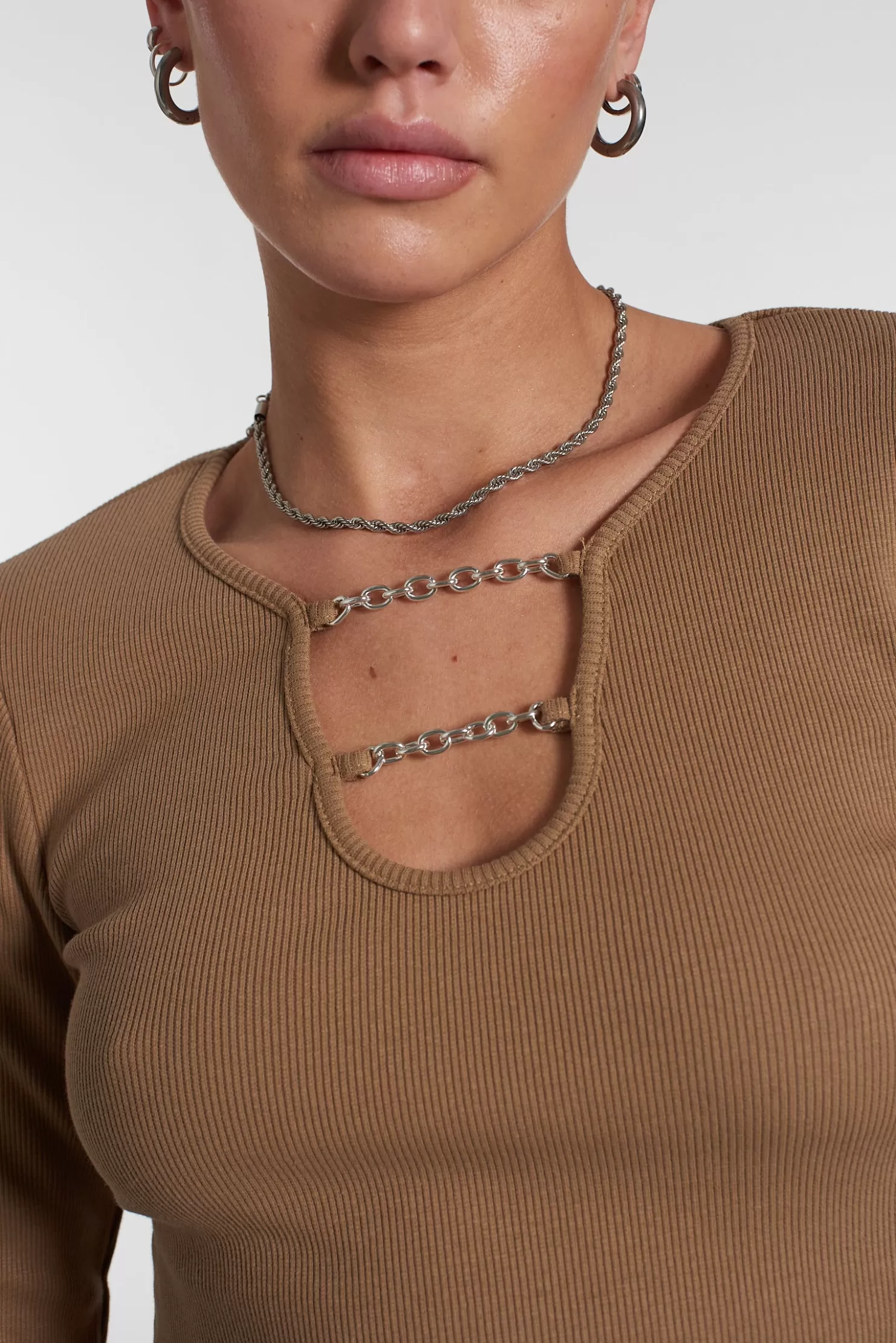The Ragged Priest Chain Long Sleeve Top Brown-Women T-Shirts & Tops