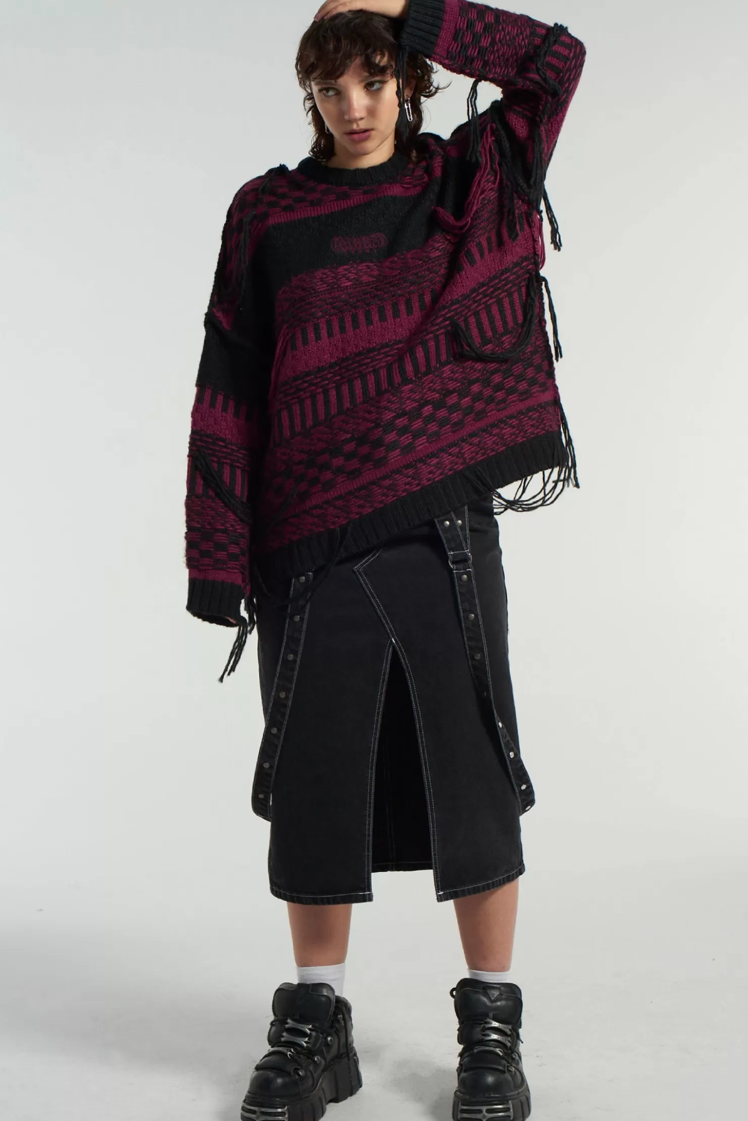 The Ragged Priest Indie Knit Black & Maroon-Women Knitwear & Sweats