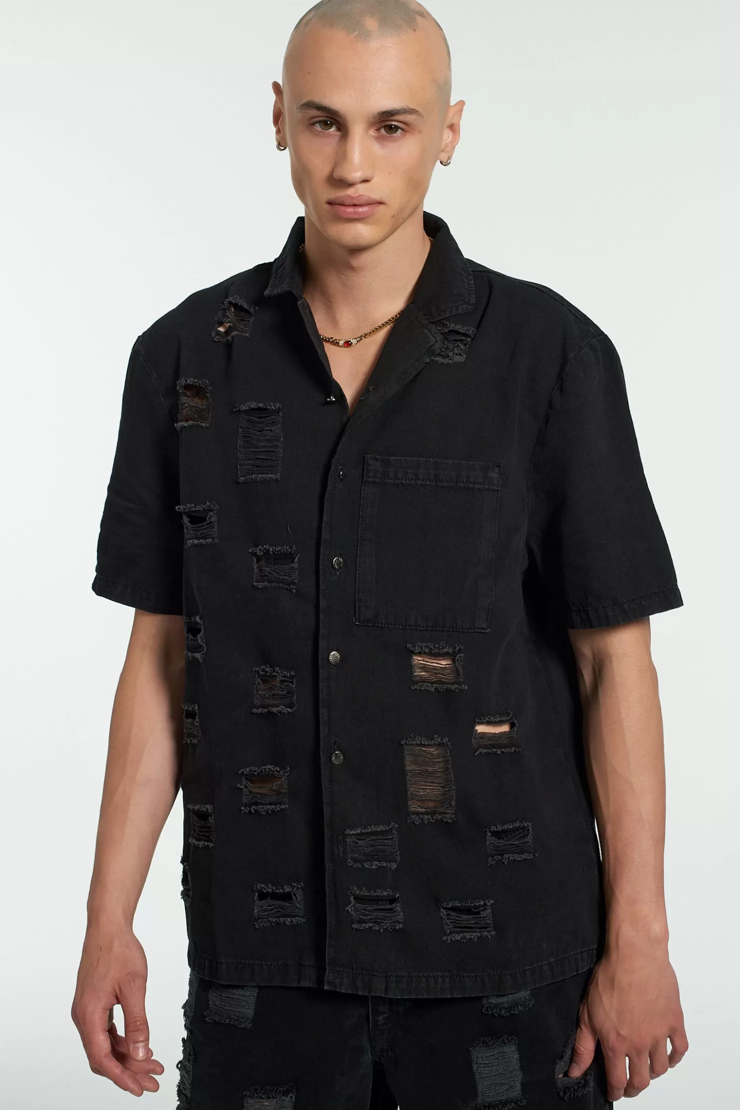 The Ragged Priest Keeper Distressed Denim Shirt-Men T-Shirts & Tops