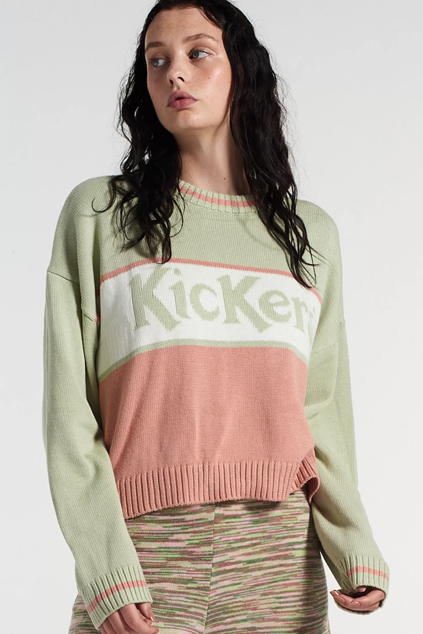 The Ragged Priest Kickers Classics Panelled Knit Jacquard Logo Knit Green & Pink-Women Knitwear & Sweats