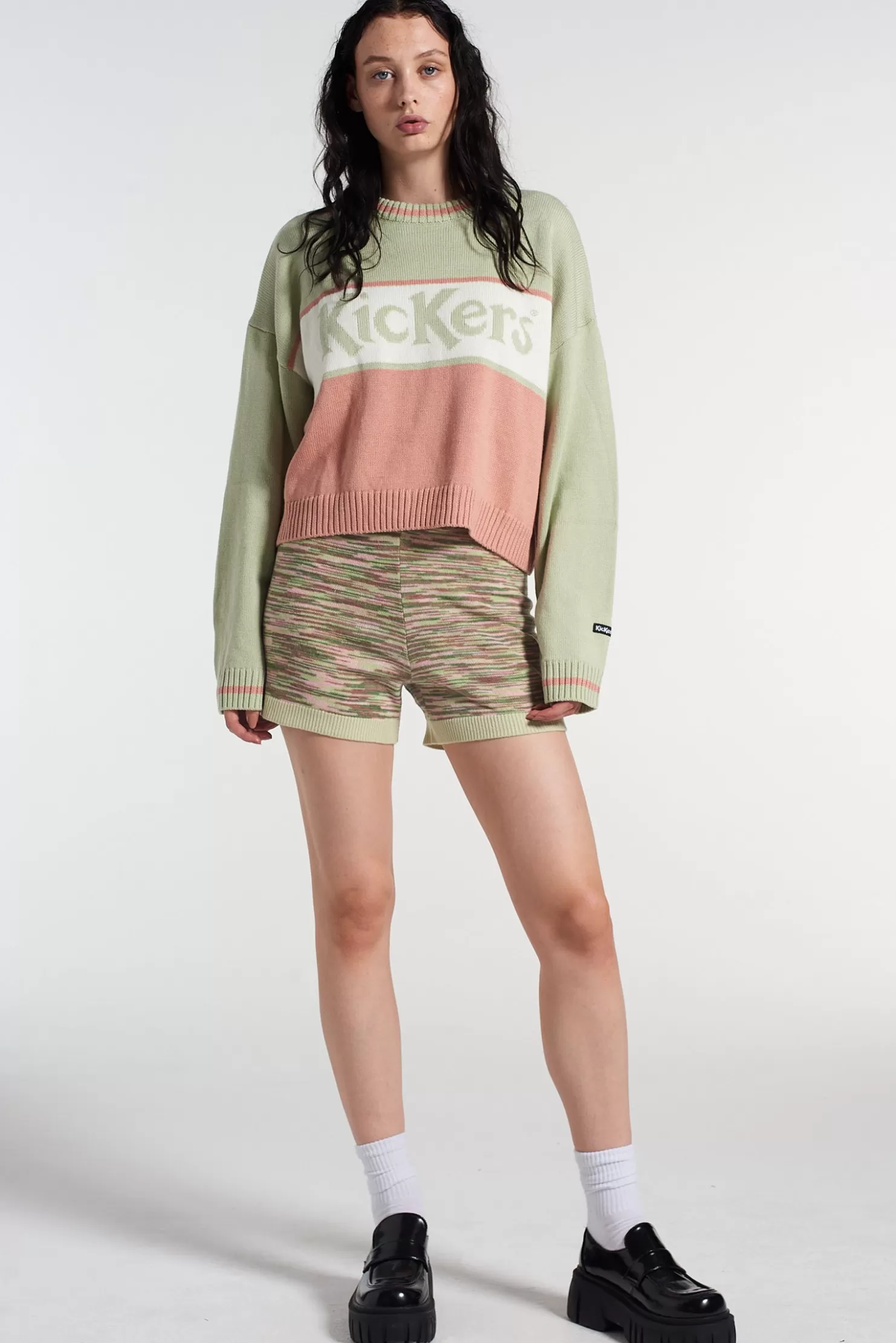 The Ragged Priest Kickers Classics Panelled Knit Jacquard Logo Knit Green & Pink-Women Knitwear & Sweats