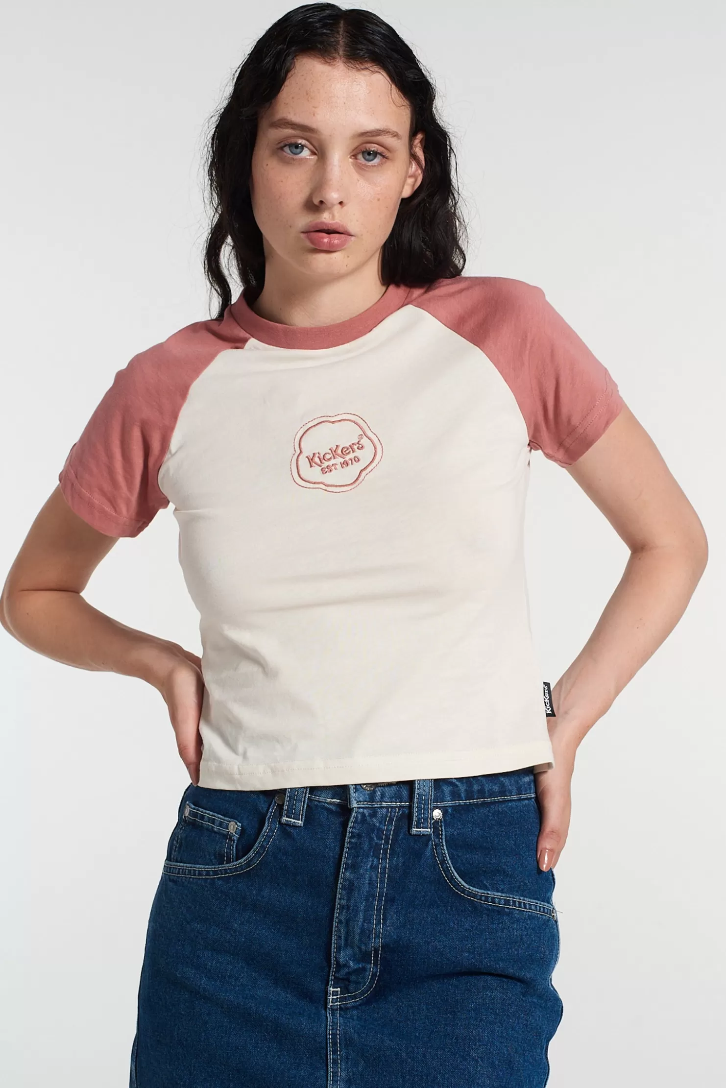 The Ragged Priest Kickers Classics  Raglan Ringer Tee Logo Jersey Pink & Cream-Women T-Shirts & Tops