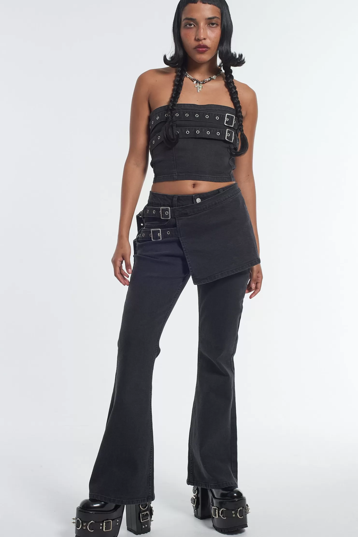 The Ragged Priest Low Rider Jean Skirt - Charcoal-Women Jeans