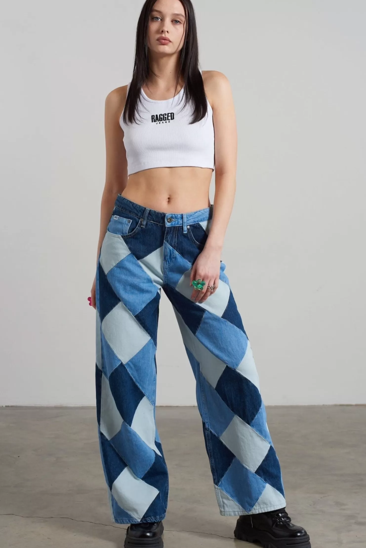 The Ragged Priest Patchwork Low Rise Baggy Jean-Women Jeans