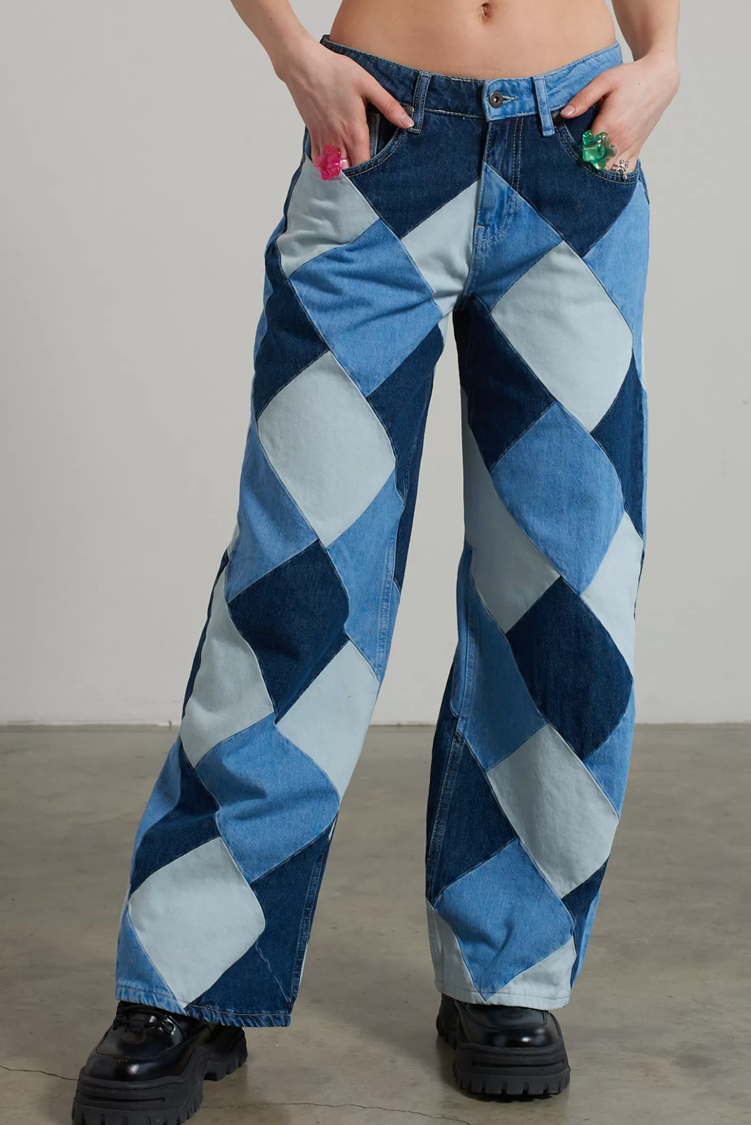 The Ragged Priest Patchwork Low Rise Baggy Jean-Women Jeans
