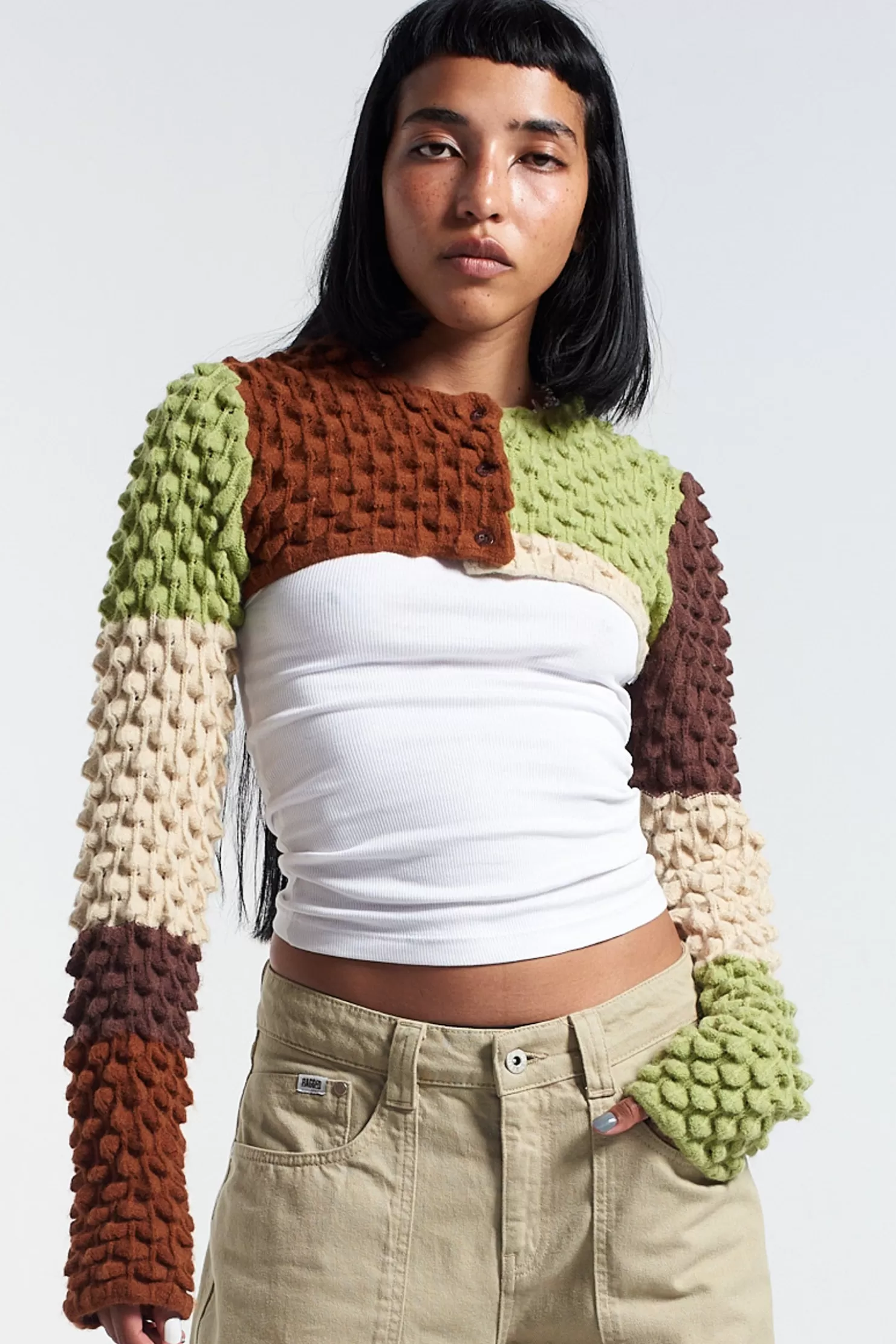 The Ragged Priest Patchwork Ultra Cropped Cardigan-Women Knitwear & Sweats