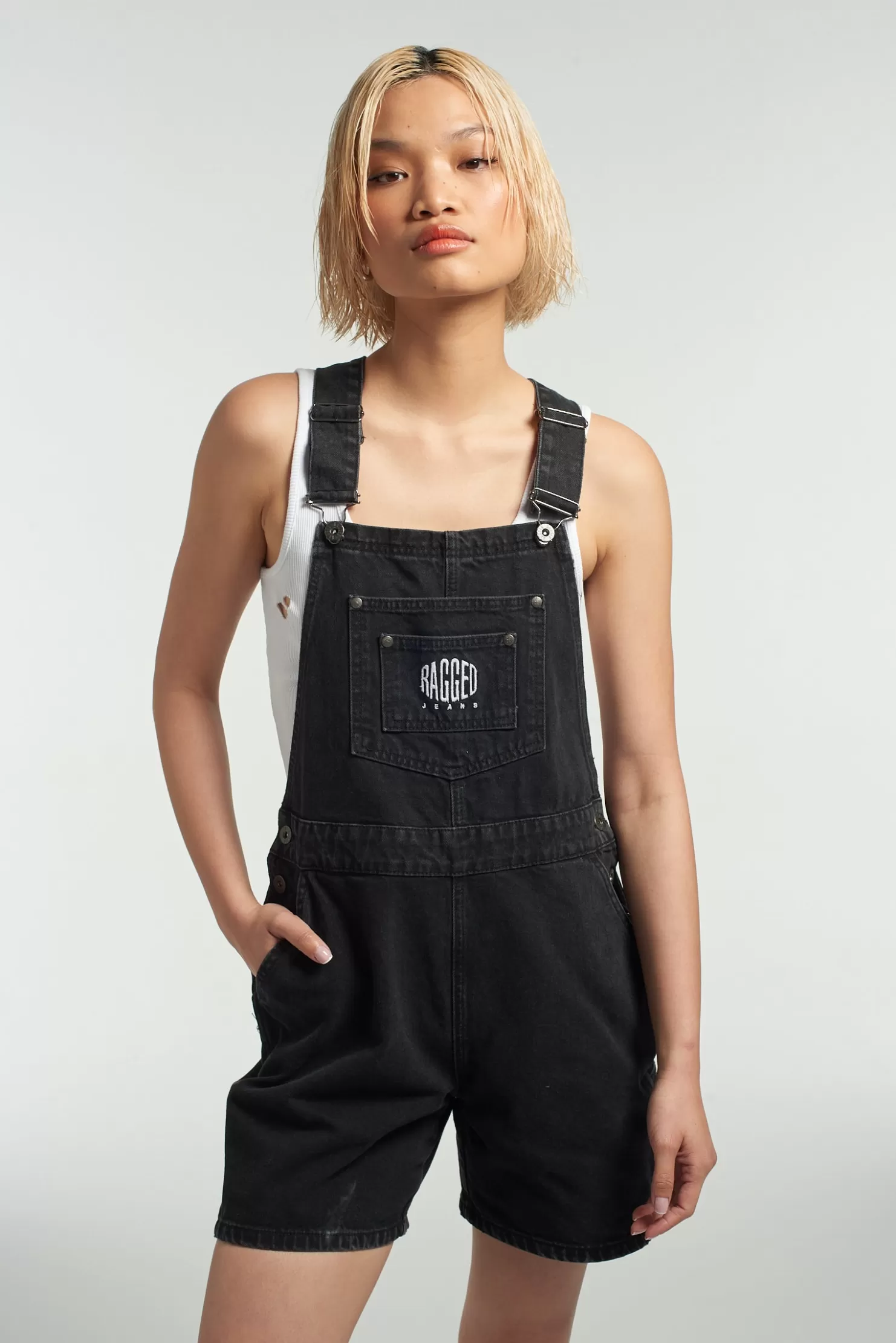The Ragged Priest Ragged Black Dungaree Shorts-Women Skirts & Shorts