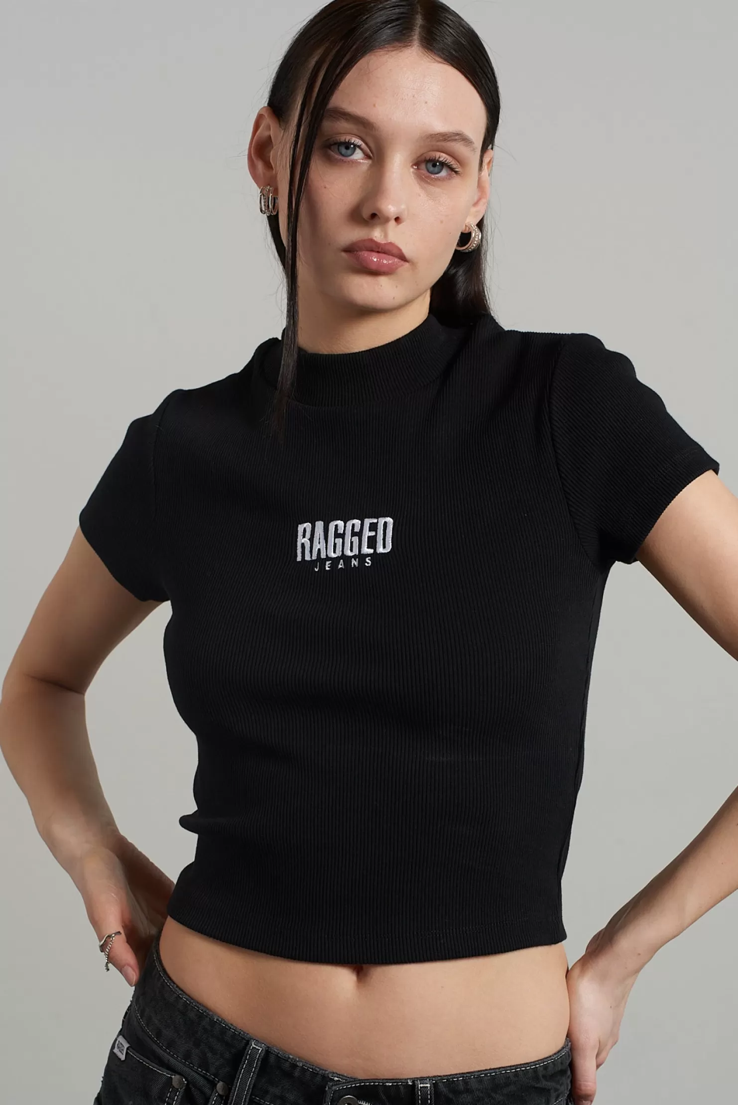 The Ragged Priest Ragged Black Ribbed Short Sleeve Tee-Women T-Shirts & Tops