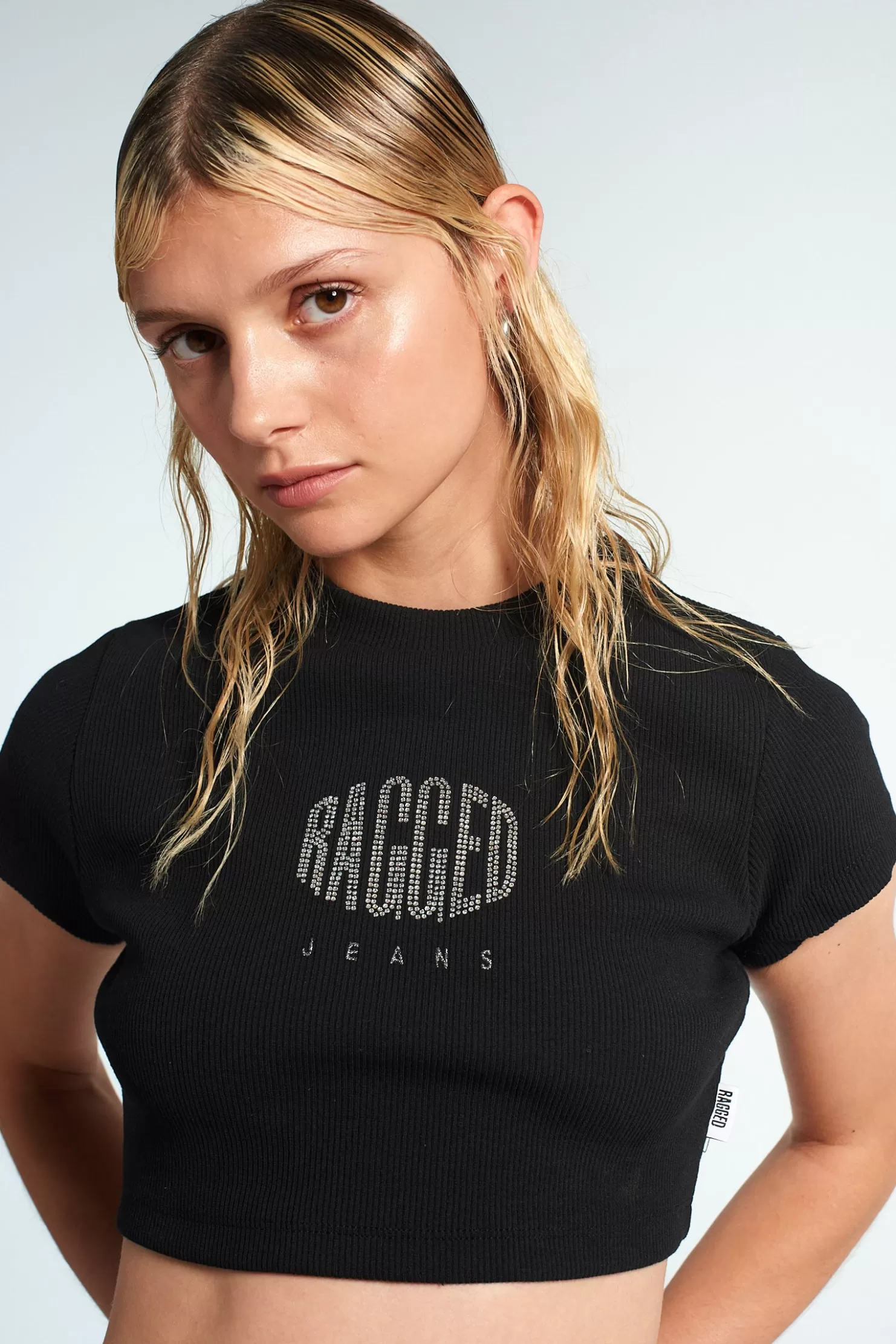 The Ragged Priest Ragged Diamante Black Cropped Tee-Women T-Shirts & Tops