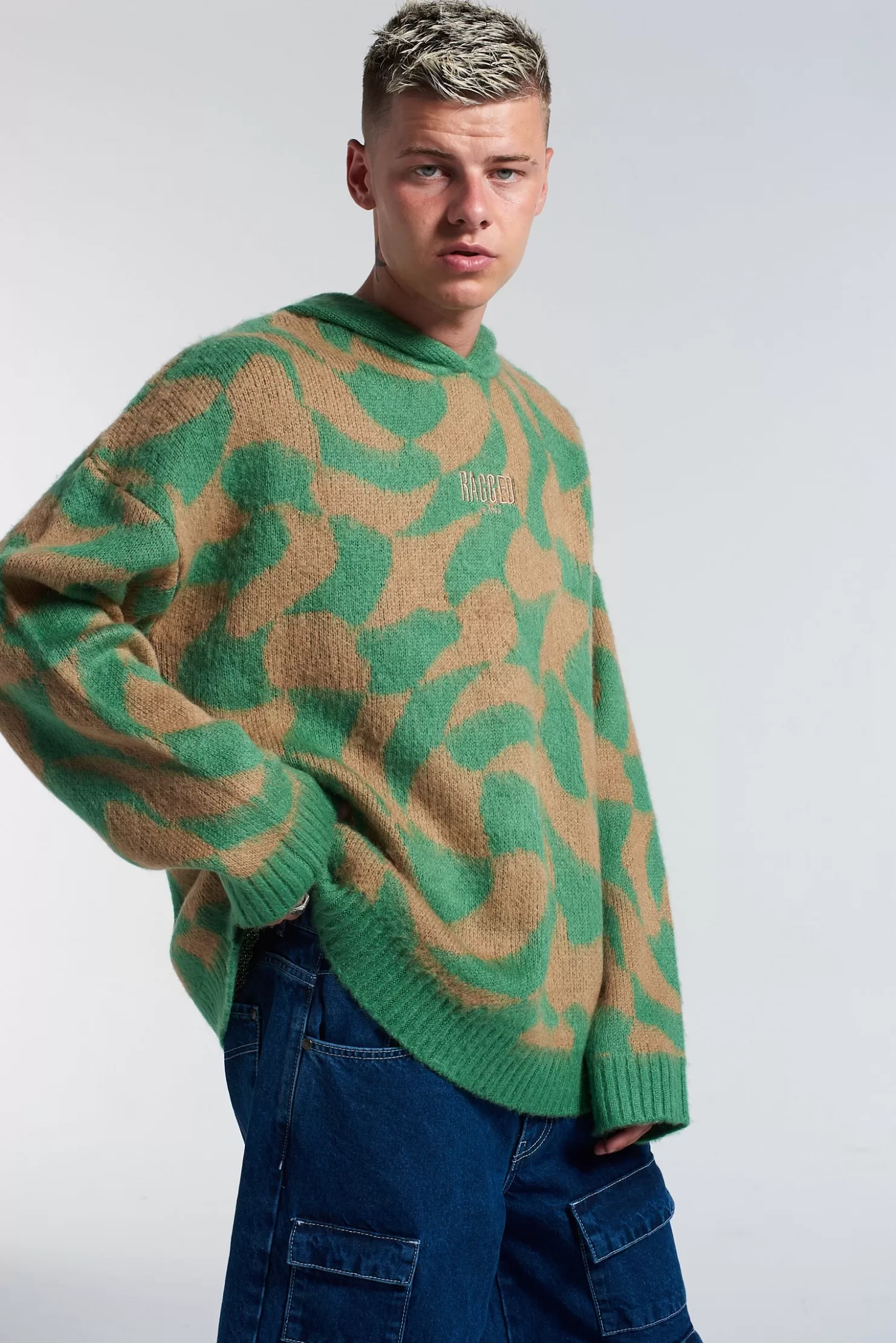 The Ragged Priest Ragged Warped Knitted Hoodie-Men Knitwear, Sweatshirts & Hoodies