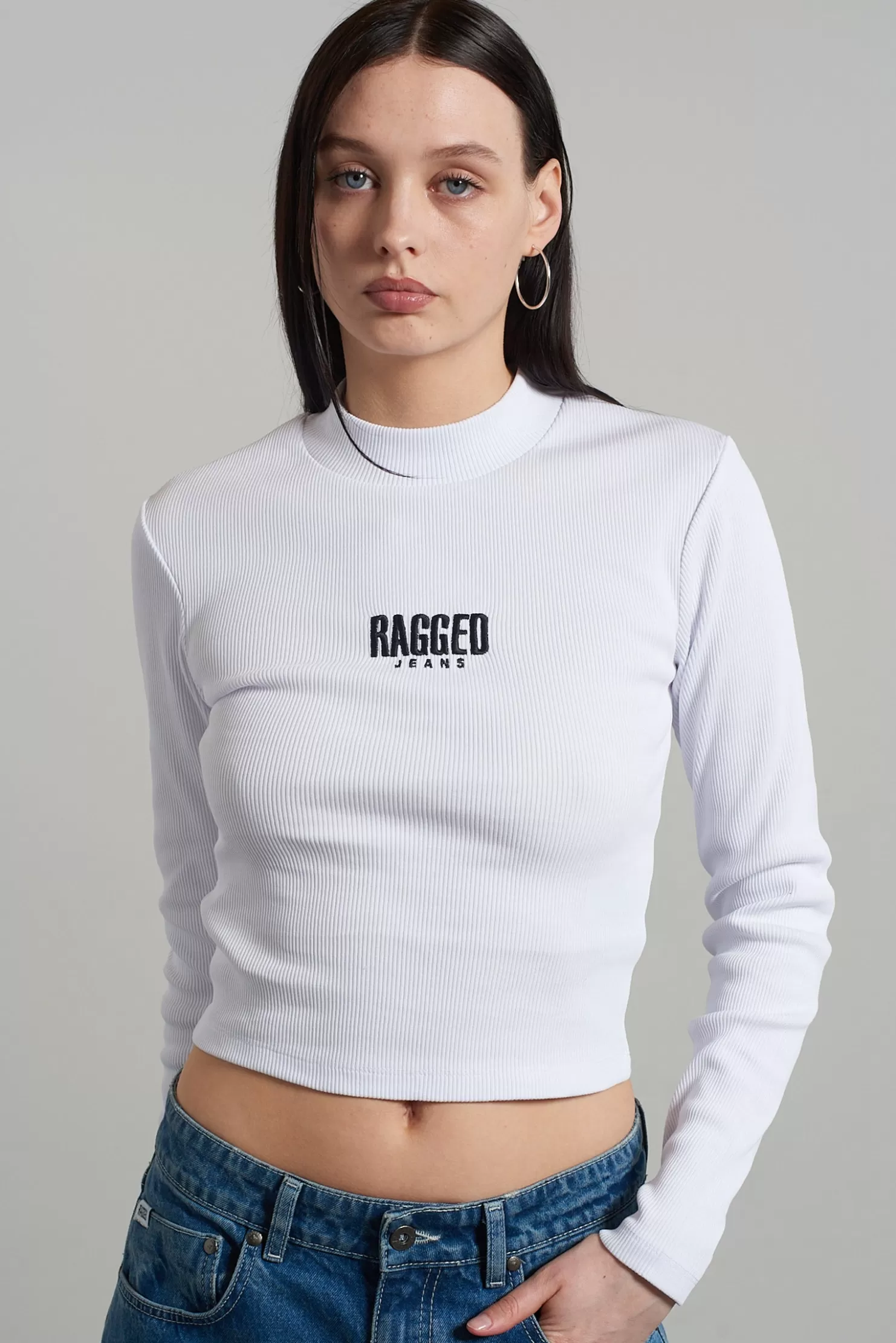 The Ragged Priest Ragged White Ribbed Long Sleeve Tee-Women T-Shirts & Tops