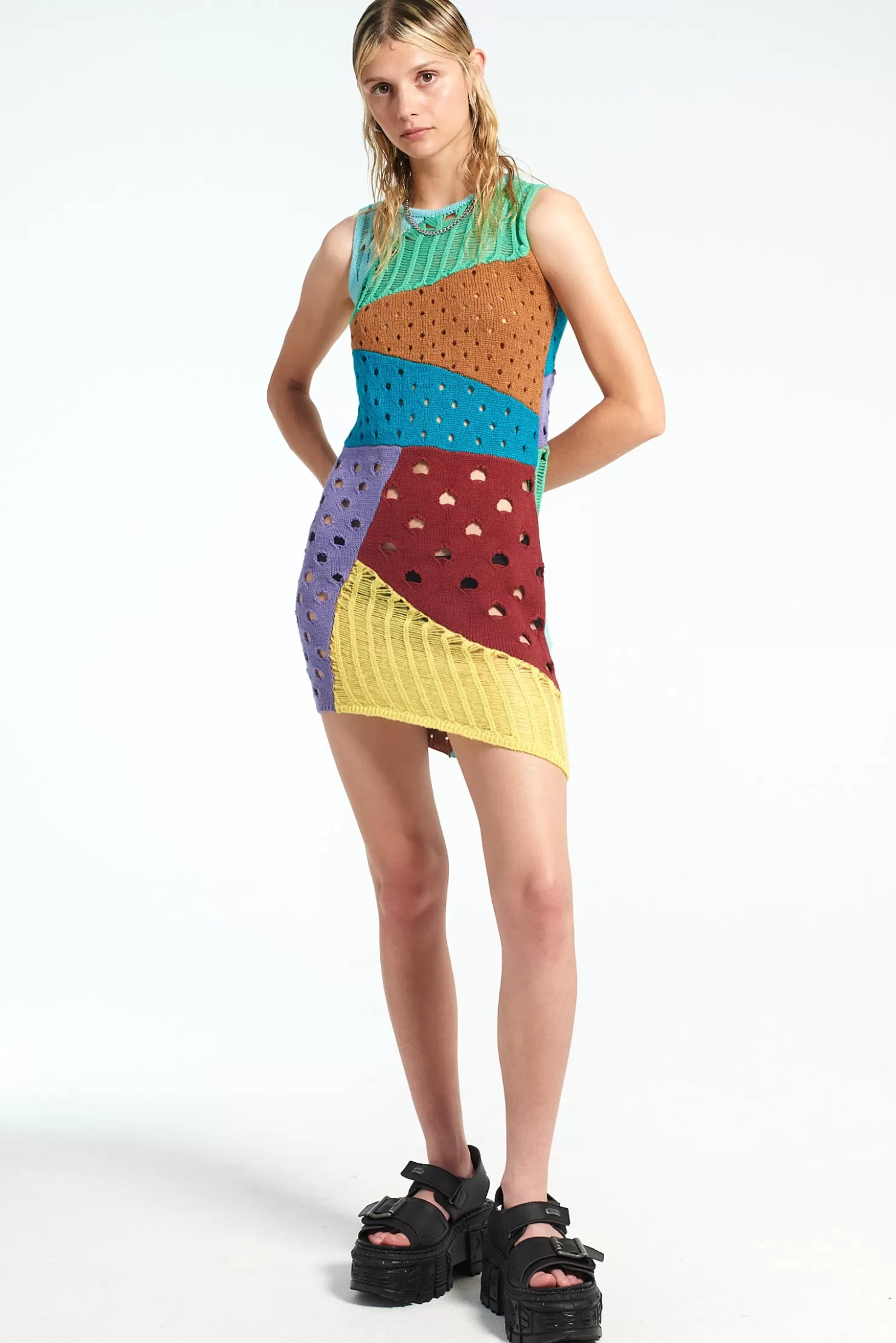 The Ragged Priest Scavenger Patchwork Knit Mini Dress-Women Dresses
