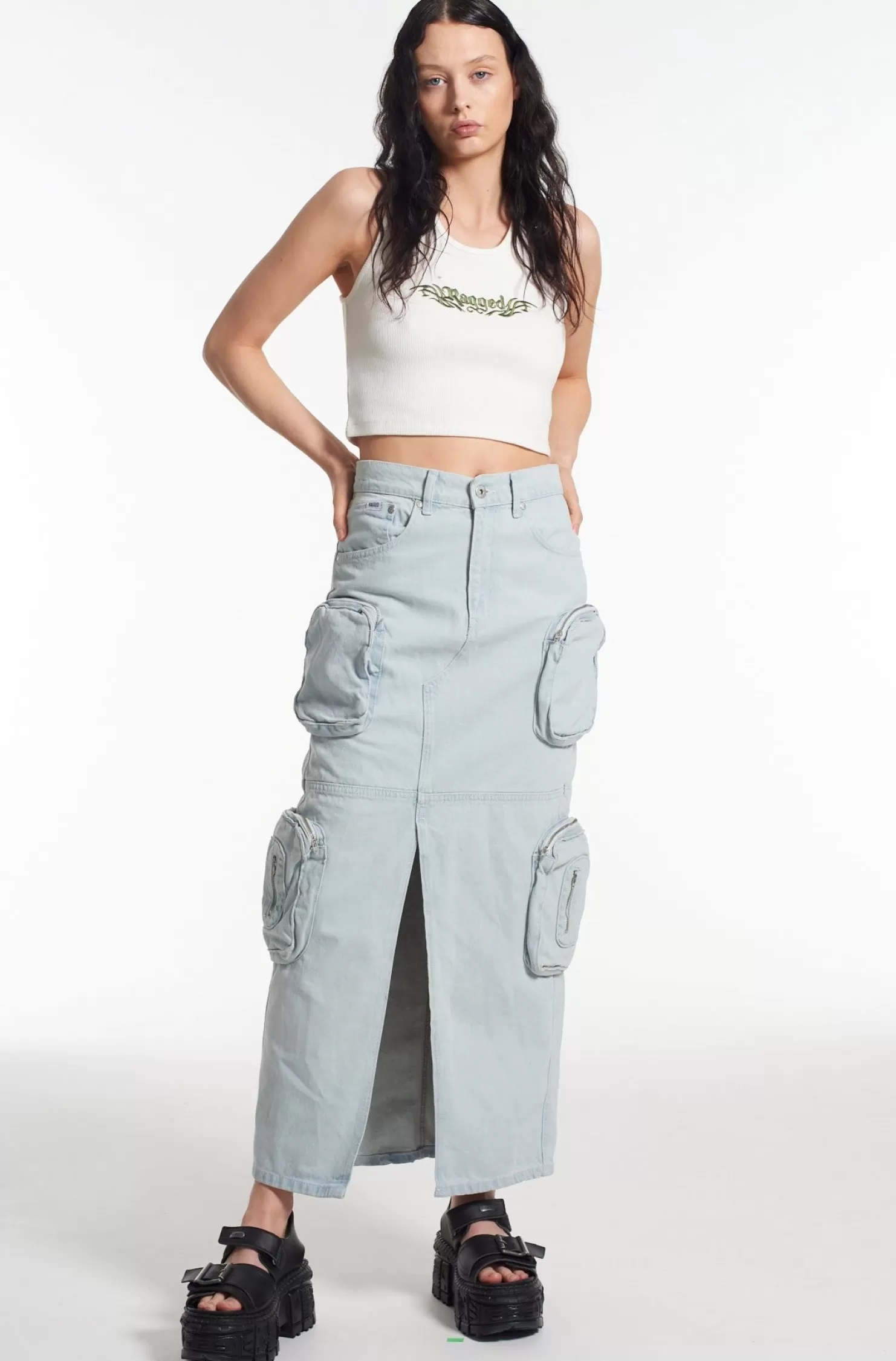 The Ragged Priest Zip Combat Maxi Skirt Stonewash-Women Skirts & Shorts